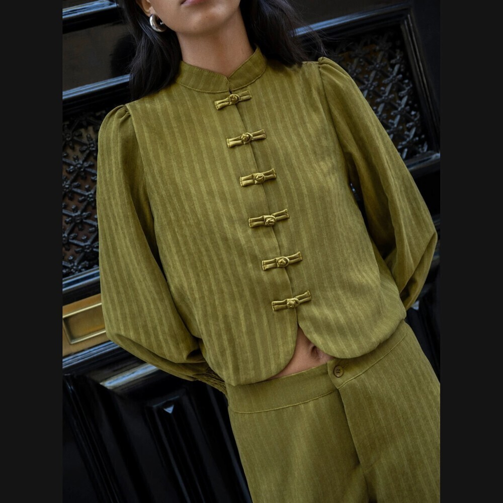 Olive Green Striped Frog Closure Crop Jacket and Wide Leg Pants Pantsuit Set - Picture 2 of 7